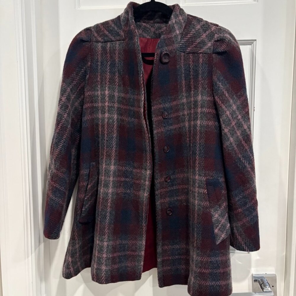 VTG J Gallery Pea Coat Womens S/ M?? Gray Maroon Plaid Lined Wool Blend Coat 90s